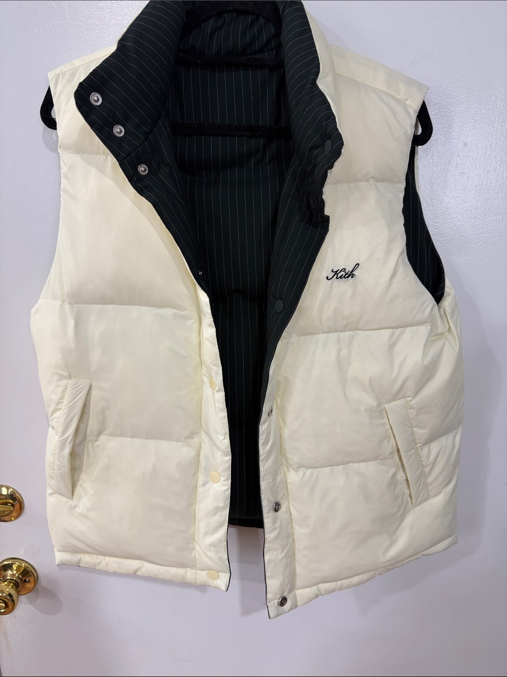 Kith Cream Puffer Vest with Black Pinstripe Lining
